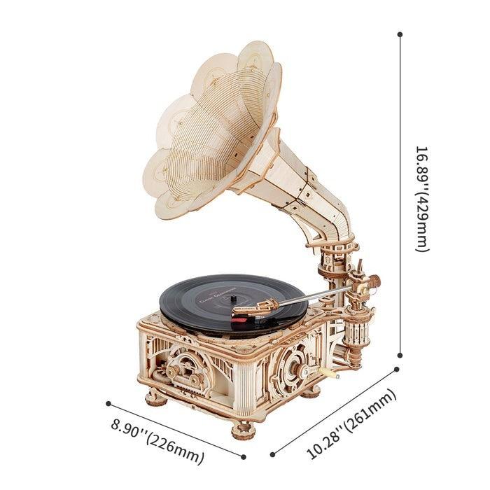 Puzzle 3D Gramofon cu modul de rotire electrica si manuala, ROKR, Lemn, 424 Piese, LKB01D - Time 4 Machine