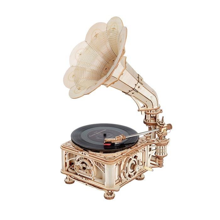 Puzzle 3D Gramofon cu modul de rotire electrica si manuala, ROKR, Lemn, 424 Piese, LKB01D - Time 4 Machine