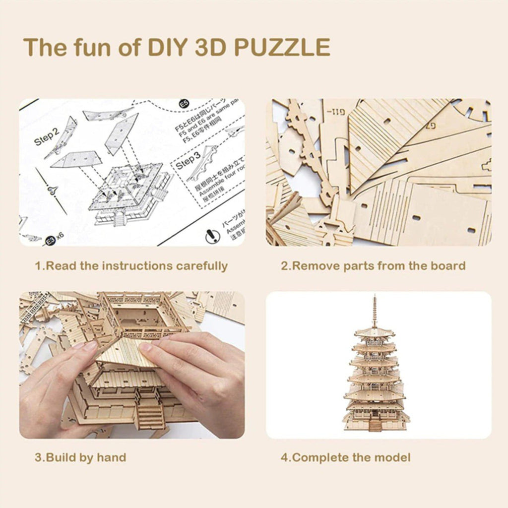 Puzzle 3D , Pagoda cu cinci etaje, Lemn, ROKR, 275 piese - Time 4 Machine